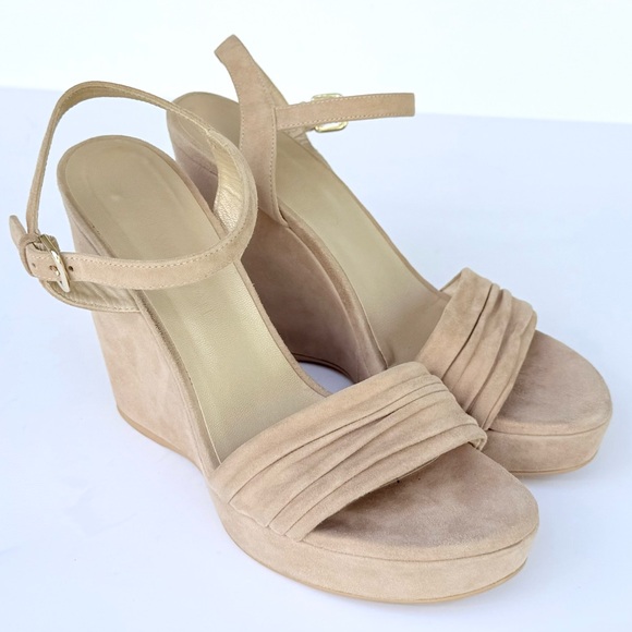 Stuart Weitzman Sundraped Tan / Beige Suede Wedge Ankle Strap Sandals 8.5 - Picture 10 of 16